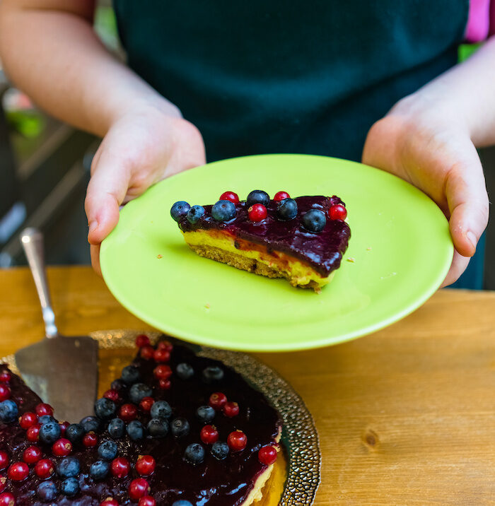 closeup of serving a piece of cake or pie