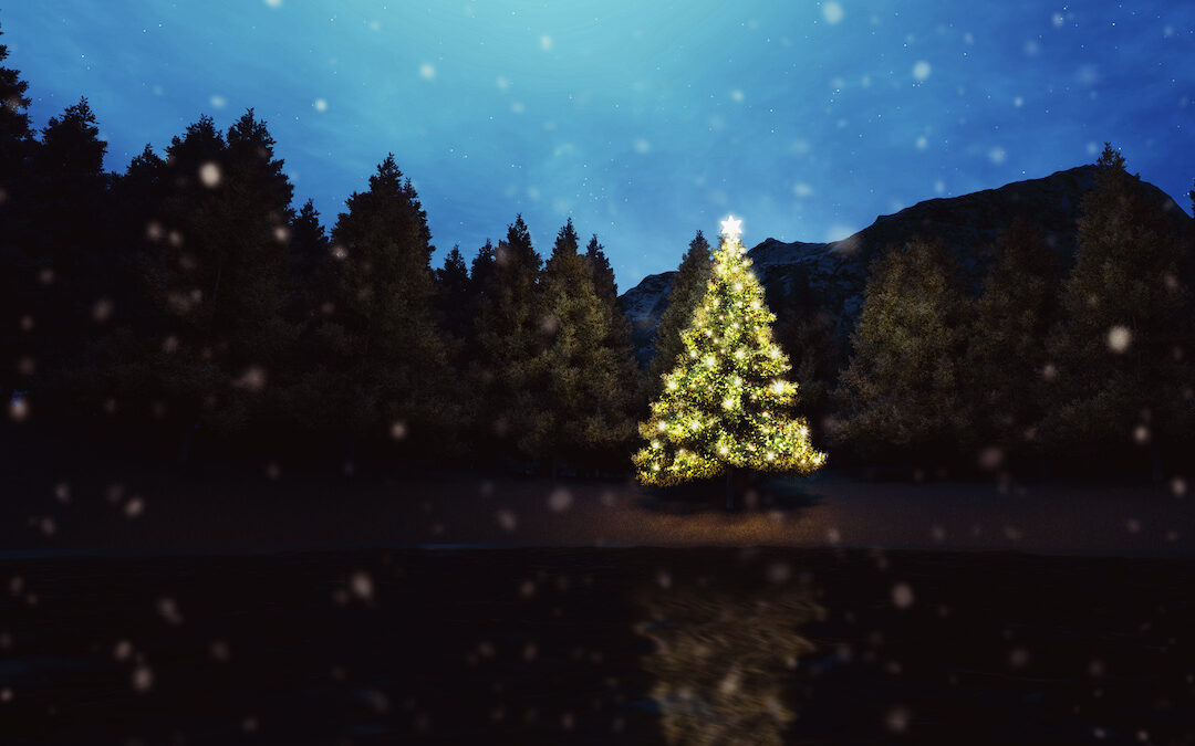 Magical, peaceful, lit Christmas tree at night, in the woods, with water and falling snow.